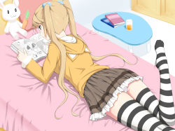 Rule 34 | 1girl, bed, blonde hair, frilled skirt, frills, hood, hoodie, long hair, lying, no shoes, panties, reading, shougi (116), skirt, solo, striped clothes, striped thighhighs, thighhighs, underwear, upskirt, white panties