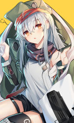 Rule 34 | 1girl, :o, absurdres, assault rifle, bare shoulders, black scarf, black shorts, black thighhighs, blanket, blush, breasts, bullpup, caseless firearm, g11 (girls&#039; frontline), girls&#039; frontline, green hat, green jacket, gun, h&amp;k g11, hair between eyes, hands up, hat, head tilt, highres, holding, holding blanket, horizontal magazine, jacket, long hair, long sleeves, looking at viewer, off shoulder, open clothes, open jacket, orange eyes, parted lips, peaked cap, personification, prototype design, rifle, scarf, shirt, short shorts, shorts, sidelocks, simple background, single thighhigh, sitting, sleeveless, sleeveless shirt, small breasts, solo, thigh strap, thighhighs, weapon, white hair, white shirt, yanggang, yellow background