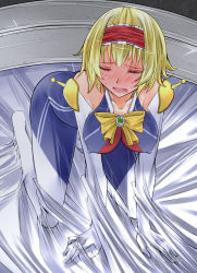Rule 34 | 1girl, adapted costume, alice margatroid, all fours, aoshima, bare shoulders, blonde hair, blue dress, blush, bodysuit, breasts, closed eyes, collarbone, covered erect nipples, dress, female focus, full-face blush, g gundam, gundam, hairband, highres, impossible clothes, impossible dress, mobile trace suit, open mouth, short hair, solo, touhou