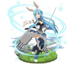 Rule 34 | 1girl, animal ears, arm strap, asuna (sao-alo), black ribbon, blue footwear, blue hair, blue skirt, blue thighhighs, breasts, cleavage, faux figurine, floating hair, full body, fur trim, holding, holding sword, holding weapon, layered skirt, long hair, medium breasts, miniskirt, neck ribbon, outstretched arm, pleated skirt, rabbit ears, ribbon, simple background, skirt, solo, striped ribbon, sword, sword art online, thighhighs, very long hair, weapon, white background, wrist cuffs