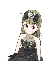 Rule 34 | 1girl, black dress, black gloves, blunt bangs, blush, bow, braid, brown eyes, center-flap bangs, closed mouth, collarbone, commentary, cowboy shot, dress, flower, frilled dress, frills, from above, gloves, green hair, hair bow, hair flower, hair ornament, kachimachi kosuzu, link! like! love live!, long hair, looking at viewer, love live!, notice lines, rose, see-through, side ahoge, side braids, simple background, sleeveless, sleeveless dress, smile, solo, sparkly spot (love live!), split mouth, straight hair, tazaki masanobu, virtual youtuber, white background, white flower, white rose