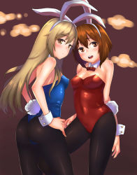 Rule 34 | 10s, 2girls, alternate costume, animal ears, ass, bad id, bad pixiv id, bare shoulders, blonde hair, blush, bow, bowtie, breasts, brown eyes, brown hair, rabbit ears, rabbit tail, cleavage, detached collar, fake animal ears, highres, kantai collection, kyuuso inukami, leg between thighs, leotard, long hair, looking at viewer, multiple girls, open mouth, pantyhose, personification, playboy bunny, shimakaze (kancolle), short hair, tail, thong leotard, wrist cuffs, yukikaze (kancolle)