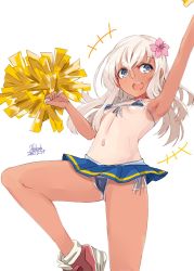 Rule 34 | 1girl, alakoala, armpits, arms up, artist name, bikini, blonde hair, blue bikini, blue eyes, blue panties, breasts, cheerleader, dated, flower, front-tie bikini top, front-tie top, hair between eyes, hair flower, hair ornament, highres, holding, holding pom poms, kantai collection, long hair, looking at viewer, micro bikini, microskirt, navel, panties, pink flower, pom pom (cheerleading), pom poms, red footwear, ro-500 (kancolle), shoes, side-tie panties, skirt, small breasts, solo, swimsuit, tan, tanline, underwear, white background