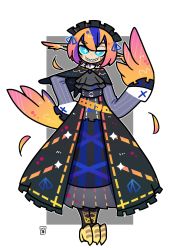 Rule 34 | 1girl, absurdres, animal feet, arm up, belt, belt buckle, bird legs, bird wings, black capelet, blue eyes, blue hair, buckle, capelet, cross-laced footwear, dress, feathered wings, feathers, frilled dress, frilled sleeves, frills, full body, gradient hair, grey background, hand on own hip, harpy, highres, hz ebfry, ascot, long pointy ears, looking at viewer, monster girl, multicolored hair, orange feathers, orange hair, original, pointy ears, purple hair, signature, sleeve cuffs, solo, streaked hair, symbol-shaped pupils, talons, white background, winged arms, wings