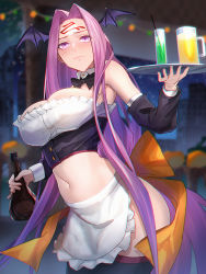 Rule 34 | 1girl, apron, bare shoulders, black thighhighs, blush, bottle, bow, bowtie, breasts, cleavage, collar, cup, detached collar, detached sleeves, drinking glass, drinking straw, embarrassed, facial mark, fate/stay night, fate (series), female focus, forehead, forehead mark, head wings, highres, holding, holding bottle, holding tray, large breasts, long hair, looking at viewer, matching hair/eyes, medusa (fate), medusa (rider) (fate), midriff, minami koyogi, navel, parted bangs, purple eyes, purple hair, sidelocks, solo, thighhighs, tray, very long hair, waist apron, wings