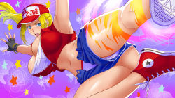 Rule 34 | 1girl, armpits, baseball cap, blonde hair, blue eyes, bracelet, breasts, cleavage, commentary request, converse, crop top, denim, denim shorts, fatal fury, fingerless gloves, genderswap, genderswap (mtf), gloves, hat, highres, jacket, jewelry, jumping, kicking, large breasts, legs, long hair, midriff, navel, open mouth, panties, ponytail, red footwear, red hat, short shorts, shorts, solo, switch01, tank top, terry bogard, the king of fighters, unbuttoned, underboob, underwear, white panties