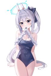 Rule 34 | 1girl, absurdres, animal ears, bare legs, bare shoulders, black one-piece swimsuit, blue archive, blue halo, blush, breasts, closed mouth, collarbone, covered navel, cowboy shot, fake animal ears, frilled one-piece swimsuit, frills, grey hair, halo, highres, leepy, long hair, looking at viewer, miyako (blue archive), miyako (swimsuit) (blue archive), off-shoulder one-piece swimsuit, off shoulder, official alternate costume, one-piece swimsuit, ponytail, purple eyes, rabbit ears, simple background, small breasts, solo, swimsuit, white background