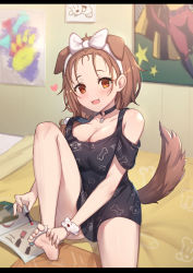 Rule 34 | 1girl, animal ears, applying pedicure, bare shoulders, barefoot, bedroom, blush, breasts, brown eyes, brown hair, cleavage, collarbone, dog ears, dog girl, dog tail, forehead, hairband, highres, hololive, indoors, inugami korone, inugami korone (loungewear), large breasts, long hair, looking at viewer, official alternate costume, open mouth, short shorts, shorts, sitting, smile, soles, solo, tail, toes, uneg, virtual youtuber