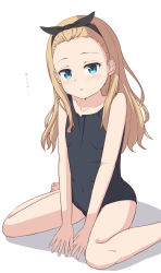 Rule 34 | 1girl, :&lt;, absurdres, bare arms, bare legs, bare shoulders, barefoot, black hairband, black one-piece swimsuit, black ribbon, blonde hair, blue eyes, breasts, closed mouth, collarbone, commentary request, covered navel, feet out of frame, forehead, hair ribbon, hairband, highres, kurumi (lycoris recoil), long hair, lycoris recoil, old school swimsuit, one-piece swimsuit, ribbon, school swimsuit, shadow, simple background, small breasts, solo, swimsuit, takasuma hiro, translation request, white background