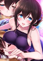 Rule 34 | 1girl, black hair, blue eyes, blush, breasts, commentary request, covered erect nipples, heart, highres, idolmaster, idolmaster cinderella girls, idolmaster cinderella girls starlight stage, jewel (the black canvas), large breasts, long hair, looking at viewer, sagisawa fumika, saliva, sexually suggestive, sideboob, solo focus, spoken heart, sucking male nipple, swimsuit