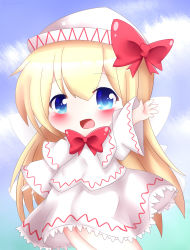 Rule 34 | 1girl, arm up, blonde hair, blue eyes, blue sky, blush, bow, bowtie, capelet, chibi, cloud, commentary, day, feet out of frame, hair between eyes, hat, hat bow, highres, lily white, long hair, long sleeves, looking at viewer, open mouth, outdoors, petticoat, red bow, red bowtie, shirt, skirt, sky, solo, touhou, very long hair, white hat, white shirt, white skirt, yairenko