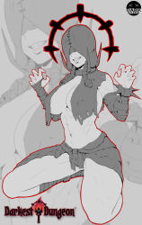 Rule 34 | 1girl, abs, absurdres, affliction (darkest dungeon), artist name, bandaged arm, bandages, breasts, covered eyes, darkayzek, darkest dungeon, flagellant (darkest dungeon), genderswap, genderswap (mtf), highres, hood, large breasts, navel, paw pose, solo, spot color, thighs