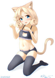 Rule 34 | 1girl, animal ears, black bra, black panties, black thighhighs, blonde hair, blue eyes, bra, cat cutout, cat ears, cat lingerie, cat tail, cleavage cutout, clothing cutout, flat chest, frilled bra, frills, full body, janus (kancolle), kantai collection, kneeling, meme attire, one-hour drawing challenge, panties, ray.s, short hair, simple background, solo, tail, thighhighs, underwear, underwear only, white background