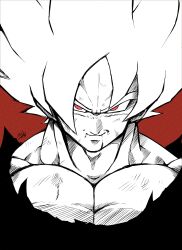 Rule 34 | 1boy, absurdres, blood, blood from mouth, commentary request, dragon ball, dragonball z, highres, large pectorals, liedein, male focus, monochrome, pectorals, portrait, red background, red eyes, signature, smile, solo, son goku, spot color, super saiyan, super saiyan 1, torn clothes