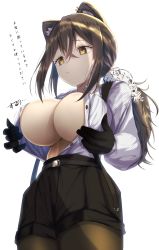 Rule 34 | 1girl, absurdres, alternate breast size, animal ear fluff, animal ears, animal hands, arknights, bad id, bad pixiv id, black gloves, black shorts, breasts, brown eyes, brown hair, cleavage, commentary request, gloves, hair between eyes, highres, huge breasts, large breasts, long hair, nidaime (doronbo), open clothes, pantyhose, raccoon ears, raccoon girl, robin (arknights), short shorts, shorts, simple background, solo, translation request, unbuttoned, unbuttoned shirt, white background