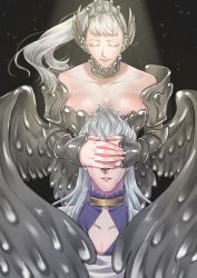 Rule 34 | 1boy, 1girl, acier silva, armor, armored dress, black background, black clover, breasts, choker, cleavage, closed mouth, covered face, covering face, crying, closed eyes, hands on another&#039;s face, highres, large breasts, long hair, mother and son, nozel silva, parted lips, silver hair, smile, spotlight, tears, valkyrie