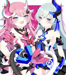 Rule 34 | 2girls, :d, absurdres, bare shoulders, black leotard, blue eyes, blue ribbon, blush, closed mouth, collarbone, commentary request, drop shadow, fang, flower, gloves, green hair, hair between eyes, highres, honkai (series), honkai impact 3rd, leotard, liliya olenyeva, long hair, looking at viewer, marutaro, multiple girls, open mouth, pink background, pink flower, pink hair, pink rose, purple eyes, ribbon, rose, rozaliya olenyeva, short eyebrows, smile, tail, thick eyebrows, two-tone background, very long hair, white background, white gloves