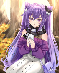 Rule 34 | 1girl, bag, bench, bow, braid, cellphone, commentary request, cone hair bun, contemporary, detached sleeves, double bun, genshin impact, hair between eyes, hair bow, hair bun, hair ribbon, handbag, holding, holding phone, keqing (genshin impact), keqing (lantern rite) (genshin impact), long hair, long sleeves, looking at viewer, nanamo yado, official alternate costume, on bench, park bench, parted lips, phone, plaid, plaid scarf, purple eyes, purple hair, ribbed sweater, ribbon, scarf, sidelocks, single braid, sitting, smartphone, solo, sunlight, sweater, tree, twintails