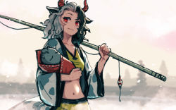 Rule 34 | 1girl, animal ears, animal print, black hair, breasts, commentary request, cow ears, cow print, crop top, fishing rod, haori, holding, holding fishing rod, horns, japanese clothes, looking at viewer, medium breasts, medium hair, meimaru inuchiyo, multicolored hair, navel, outdoors, red eyes, sanzu river, shirt, shorts, solo, split-color hair, statue, touhou, two-tone hair, upper body, ushizaki urumi, white hair, yellow shirt, yellow shorts