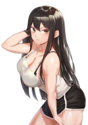 Rule 34 | 1girl, absurdres, arm at side, bare arms, black bra, black hair, black shorts, bra, bra visible through clothes, breasts, brown eyes, cleavage, collarbone, goback, hand in own hair, highres, lace, lace-trimmed bra, lace trim, large breasts, long hair, original, parted lips, see-through, shiny skin, short shorts, shorts, simple background, solo, tank top, thighs, underwear, white background, white tank top
