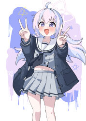 1girl :d absurdres ahoge black_coat black_neckerchief blue_archive blue_hair coat commentary_request double_v feet_out_of_frame grey_serafuku grey_shirt grey_skirt hair_ornament halo hands_up highres korean_commentary long_hair long_sleeves looking_at_viewer low_twintails midriff_peek multicolored_hair navel neckerchief open_mouth pepsi2330 pink_hair purple_eyes reisa_(blue_archive) sailor_collar school_uniform serafuku shirt skirt smile solo star_(symbol) star_hair_ornament star_halo twintails v white_sailor_collar