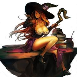 Rule 34 | 1girl, bare shoulders, book, breasts, brown hair, cleavage, detached sleeves, dragon&#039;s crown, hat, huge breasts, hungry clicker, large breasts, long hair, looking at viewer, sitting, skull, solo, sorceress (dragon&#039;s crown), staff, vanillaware, witch hat