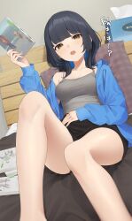 Rule 34 | 1girl, ass, black hair, black shorts, blue hair, blue jacket, blurry, book, brown eyes, camisole, collarbone, depth of field, feet out of frame, fingernails, grey camisole, highres, holding, holding book, jacket, kanpa (campagne 9), looking at viewer, open clothes, open jacket, open mouth, original, short hair, shorts, solo, tissue, tissue box, translation request