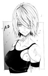 Rule 34 | 1girl, absurdres, collarbone, expressionless, greyscale, hair over one eye, highres, joints, looking at viewer, mole, mole under mouth, monochrome, nier:automata, nier (series), robot joints, short hair, solo, tank top, upper body, vice (kuronekohadokoheiku), a2 (nier:automata)