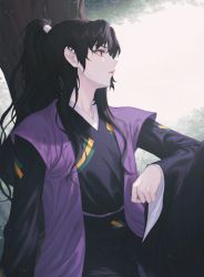 Rule 34 | 1boy, black hair, black hakama, black kimono, hair over shoulder, hakama, hiera12, high ponytail, inuyasha, japanese clothes, kimono, leaning, long hair, long sleeves, looking to the side, male focus, naraku (inuyasha), outdoors, parted bangs, parted lips, ponytail, purple vest, red eyes, sitting, solo, tree, upper body, vest, wavy hair, wide sleeves