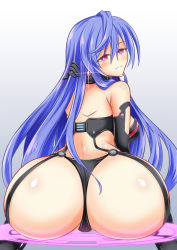Rule 34 | 1girl, ass, ass focus, ass grab, blush, breasts, come hither, elbow gloves, from behind, garter belt, gloves, huge ass, iris heart, kyou (hibikit), large breasts, long hair, looking at viewer, looking back, naughty face, neptune (series), purple eyes, purple hair, pururut, shiny clothes, shiny skin, sideboob, sitting, smile, solo, thighhighs, thong, very long hair