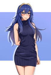 Rule 34 | 1girl, absurdres, alternate costume, arm behind back, bare arms, bare shoulders, black dress, blue eyes, blue hair, blush, breasts, closed mouth, commentary request, cowboy shot, dress, fire emblem, fire emblem awakening, grabbing own arm, hair between eyes, highres, lips, long hair, looking at viewer, lucina (fire emblem), medium breasts, namu (112namu), nintendo, raised eyebrows, sleeveless, sleeveless dress, smile, solo, sweater, sweater dress, tiara