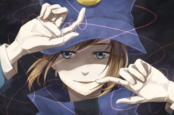 Rule 34 | 1girl, arms up, bad id, bad pixiv id, black background, blue cloak, blue eyes, blue hat, boogiepop, boogiepop (character), brown hair, cloak, hat, high collar, long sleeves, looking at viewer, parted lips, portrait, short hair, simple background, smirk, solo, string, swept bangs, tanaka (maghito252), thick eyebrows, upper body, wind