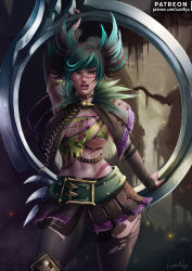 Rule 34 | 1girl, artist name, asymmetrical underboob, belt, breasts, chakram, choker, feathers, gauntlets, green hair, highres, large breasts, long hair, looking at viewer, luminyu, midriff, miniskirt, mole, mole under eye, multicolored hair, navel, open mouth, pantyhose, patreon username, pinup (style), revealing clothes, scarf, skirt, solo, soul calibur, stomach, tattoo, tira (soulcalibur), torn clothes, torn pantyhose, twintails, two-tone hair, underboob, upper body, weapon