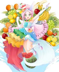 Rule 34 | 1girl, absurdres, apple, armpits, banana, blue hairband, blue shirt, boots, cure parfait, dress shirt, elbow gloves, floating hair, food, fruit, full body, gloves, grapes, hairband, hat, high heel boots, high heels, highres, holding, jumping, kirakira precure a la mode, lemon, long hair, looking at viewer, outstretched arm, parted bangs, pink hair, precure, red apple, shirt, sleeveless, sleeveless shirt, solo, strapless, strapless shirt, very long hair, watermelon, white footwear, white gloves, yuutarou (fukiiincho)
