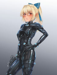 Rule 34 | 1girl, black bodysuit, blonde hair, blue bow, blush, bodysuit, bow, breasts, closed mouth, commentary request, cowboy shot, dark-skinned female, dark skin, gantz, gantz suit, gun, h-gun, hair bow, hand up, highres, holding, holding gun, holding weapon, hololive, long hair, looking at viewer, medium breasts, parazan d, pointy ears, ponytail, red eyes, shiranui flare, skin tight, solo, sweat, virtual youtuber, weapon