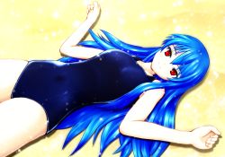 Rule 34 | 1girl, blue hair, female focus, hinanawi tenshi, long hair, mjyona, one-piece swimsuit, red eyes, smile, solo, swimsuit, touhou