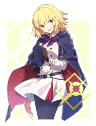 Rule 34 | 1girl, alternate costume, artoria caster (fate), artoria caster (fate) (cosplay), artoria caster (second ascension) (fate), artoria pendragon (fate), belt, black gloves, blonde hair, blue belt, blue cape, blue eyes, blue pantyhose, blush, bow, bowtie, braid, braided ponytail, buttons, cape, collared dress, commentary request, cosplay, dress, fate/grand order, fate (series), gloves, hat, unworn hat, unworn headwear, highres, jeanne d&#039;arc (fate), kabutomushi s, long hair, long sleeves, looking at viewer, pantyhose, purple bow, purple bowtie, red cape, signature, smile, solo, two-tone cape, very long hair, white dress