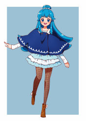 Rule 34 | 10s, 1girl, alternate hairstyle, blue dress, blue eyes, blue hair, blush, boots, brown pantyhose, dress, eyelashes, fashion, hair ornament, hair ribbon, happinesscharge precure!, happy, kagami chihiro, long hair, looking at viewer, matching hair/eyes, open mouth, pantyhose, poncho, precure, ribbon, shirayuki hime, smile, solo, standing