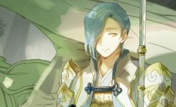 Rule 34 | 1boy, blue hair, feathered wings, feathers, fire emblem, fire emblem fates, hair over one eye, image sample, lance, male focus, nintendo, pegasus knight uniform (fire emblem), polearm, resolution mismatch, runia, shigure (fire emblem), solo, source larger, weapon, wings, yellow eyes