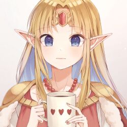 Rule 34 | 1girl, armor, bead necklace, beads, blonde hair, blue eyes, collarbone, commentary request, cup, dress, forehead jewel, fur trim, hands up, heart, heart-shaped pupils, heart print, highres, holding, holding cup, jewelry, long hair, looking at viewer, mug, necklace, nintendo, pink dress, pointy ears, portrait, princess zelda, red robe, robe, royal robe, shoulder armor, simple background, solo, straight hair, super smash bros., symbol-shaped pupils, tete tuyuten, the legend of zelda, the legend of zelda: a link between worlds, white background