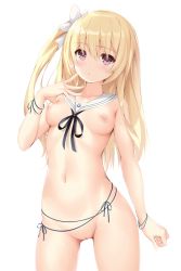 Rule 34 | 1girl, arm at side, black ribbon, blonde hair, blush, bow, breasts, cleft of venus, closed mouth, commentary request, cowboy shot, date a live, detached collar, earrings, glint, hair between eyes, hair bow, hand up, highres, jewelry, long hair, looking at viewer, mayuri (date a live), medium breasts, navel, nipples, nude, one side up, purple eyes, pussy, ribbon, rococo, sailor collar, saliva, saliva trail, simple background, solo, stomach, uncensored, white background, white bow, white sailor collar, wristband