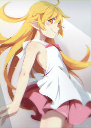 Rule 34 | 1girl, apron, backless dress, backless outfit, blonde hair, blurry, blush stickers, bow, dress, female focus, gesugesu ahoaho, long hair, looking at viewer, monogatari (series), oshino shinobu, pink skirt, pointy ears, skirt, smile, solo, strapless, strapless dress, upper body, yellow eyes
