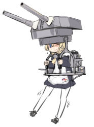 Rule 34 | 10s, 1girl, blonde hair, blue eyes, braid, dress, fairy (kancolle), flying sweatdrops, frown, hair ornament, kantai collection, long hair, machinery, one eye closed, original, pantyhose, shimada fumikane, simple background, single braid, solo, trembling, turret, union jack, white background, white ensign, white pantyhose