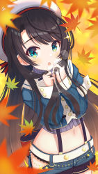 Rule 34 | 1girl, :o, absurdres, aqua eyes, armband, autumn leaves, banana de ikopon, belt, black bow, black bowtie, black panties, blue jacket, blue shorts, bow, bowtie, brown hair, buttons, cowboy shot, crop top, cropped jacket, cropped shirt, grey shirt, hands up, hat, high collar, highres, hip vent, holding, holding hair, hololive, jacket, lace, lace-trimmed panties, lace trim, light blush, long hair, long sleeves, looking at viewer, midriff, navel, oozora subaru, oozora subaru (work), open mouth, panties, panty peek, pinstripe pattern, pinstripe shirt, sailor hat, shirt, shorts, sleeve cuffs, star (symbol), striped clothes, striped shirt, suspender shorts, suspenders, swept bangs, underwear, vertical-striped clothes, vertical-striped shirt, very long hair, virtual youtuber, white belt