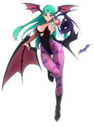 Rule 34 | 1girl, absurdres, animal print, armpits, asymmetrical wings, bare shoulders, bat (animal), bat print, bat wings, black footwear, black leotard, boots, breasts, bridal gauntlets, capcom, cleavage, clothing cutout, commentary request, covered erect nipples, covered navel, demon girl, feathers, fingernails, full body, green eyes, green hair, grin, hair over shoulder, head wings, heart, heart cutout, highres, hip focus, large breasts, leg lift, leg up, leotard, long fingernails, long hair, looking at viewer, matching hair/eyes, morrigan aensland, outstretched arms, pantyhose, parted bangs, pointing, pointing at viewer, pointy ears, print pantyhose, purple pantyhose, sideboob, simple background, smile, solo, standing, standing on one leg, tail, tail wrap, tetsu (kimuchi), thigh gap, vampire (game), very long hair, white background, wide hips, wings