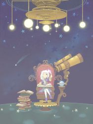 Rule 34 | 1girl, astronomy, blush, book, chair, child, dress, female focus, gears, highres, long hair, open mouth, original, ponytail, red eyes, sitting, solo, star (symbol), telescope, throne, white hair, wink