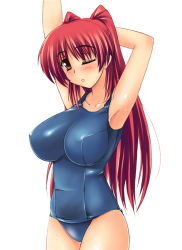 Rule 34 | 00s, 1girl, armpits, blush, breasts, brown eyes, cowboy shot, huge breasts, kousaka tamaki, long hair, one-piece swimsuit, one eye closed, red hair, school swimsuit, skin tight, solo, stretching, swimsuit, to heart (series), to heart 2, wink, yellow eyes, zekkyon