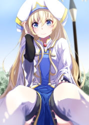 Rule 34 | 10s, 1girl, blonde hair, blue eyes, blush, boots, breasts, dress, goblin slayer!, hat, highres, long hair, looking at viewer, murata ryou, open mouth, priestess (goblin slayer!), small breasts, smile, solo, thigh boots, thighhighs, very long hair