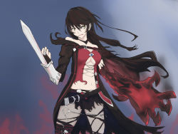 Rule 34 | 1girl, armor, bare shoulders, belt, black hair, breasts, chain, cleavage, highres, long hair, navel, open mouth, short shorts, shorts, tales of (series), tales of berseria, torn clothes, underboob, velvet crowe, very long hair, weapon, yellow eyes
