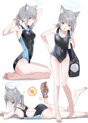 Rule 34 | 1girl, 1other, animal ear fluff, animal ears, bag, barefoot, black one-piece swimsuit, blue archive, blue eyes, breasts, chicke iii, commentary request, competition swimsuit, covered navel, cross hair ornament, extra ears, grey hair, hair ornament, halo, highres, lotion, low ponytail, lying, medium breasts, medium hair, mismatched pupils, multicolored clothes, multicolored swimsuit, multiple views, on stomach, one-piece swimsuit, seiza, shiroko (blue archive), shiroko (swimsuit) (blue archive), simple background, sitting, standing, sunscreen, swimsuit, white background